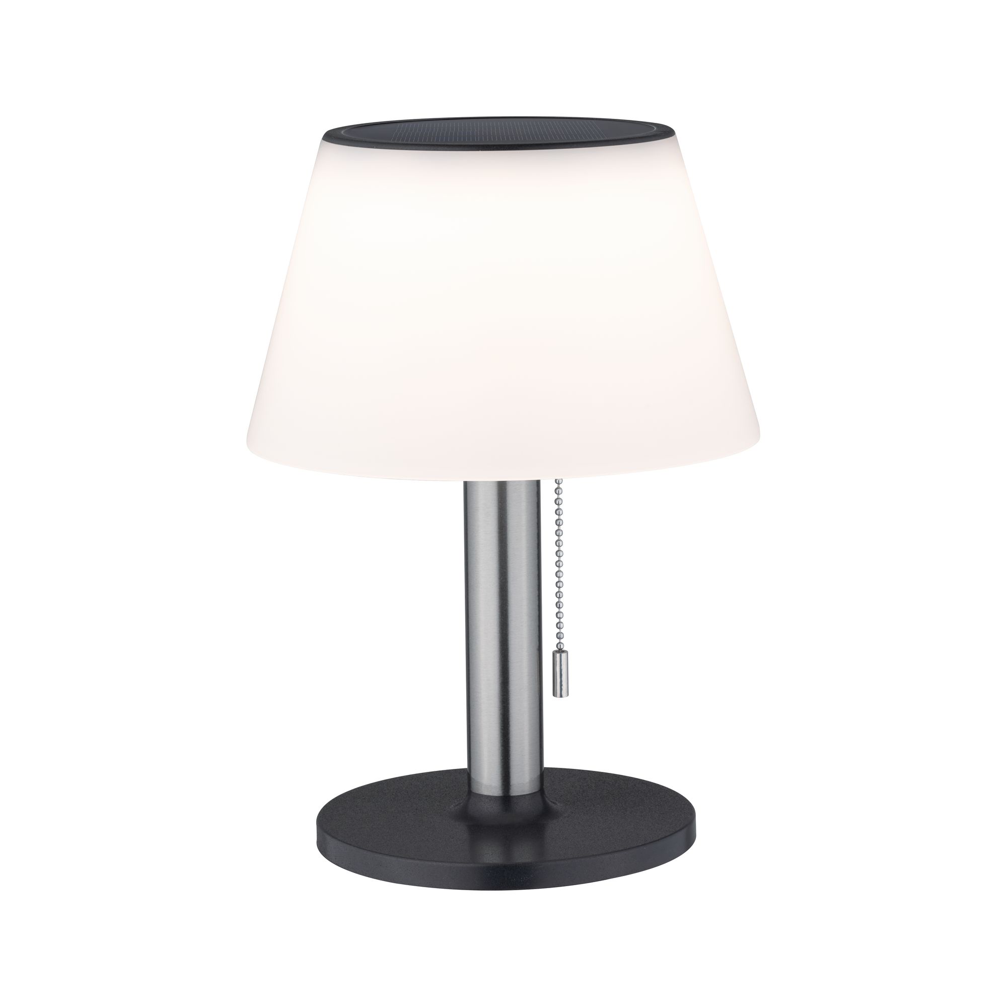 Solar LED Table lamp 3-Step-Dim Lillesol IP44 3000K 45lm Stainless steel Modern table lamp with white plastic shade and black silver metal base with pull chain switch