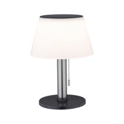 Modern table lamp with white plastic shade and black silver metal base with pull chain switch