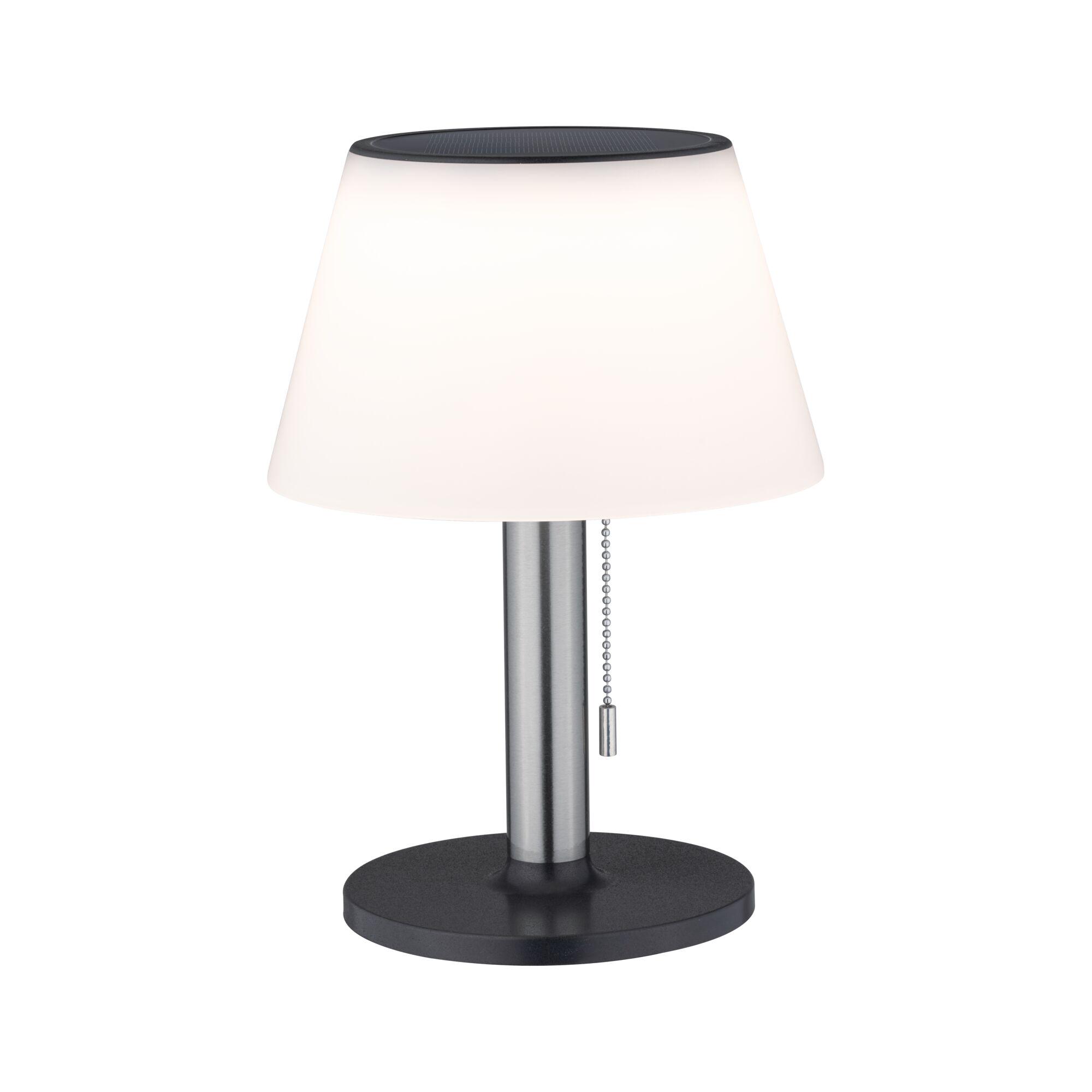 Solar LED Table lamp 3-Step-Dim Lillesol IP44 3000K 45lm Stainless steel Modern table lamp with white plastic shade and black silver metal base with pull chain switch