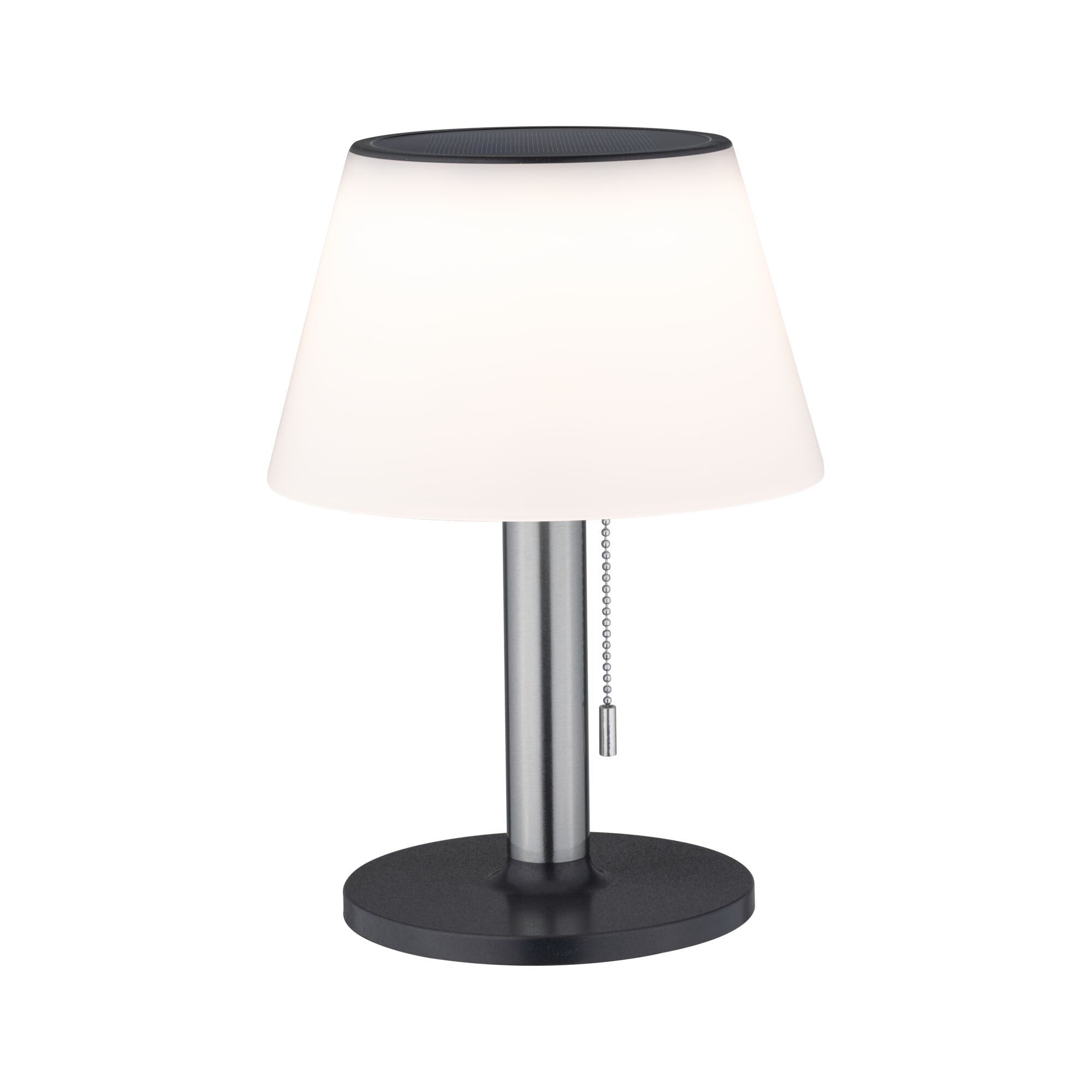 Lampe de table moderne avec abat-jour en plastique blanc et base en métal noir et argent avec chaîne à tirer
