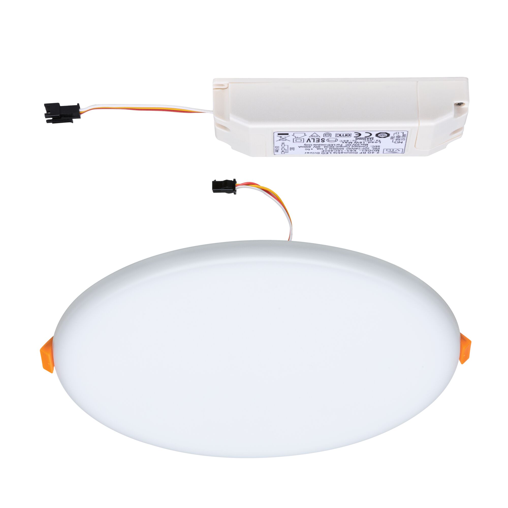 Rundt hvidt LED-indbygningspanel med driver og kabel til energieffektiv belysning