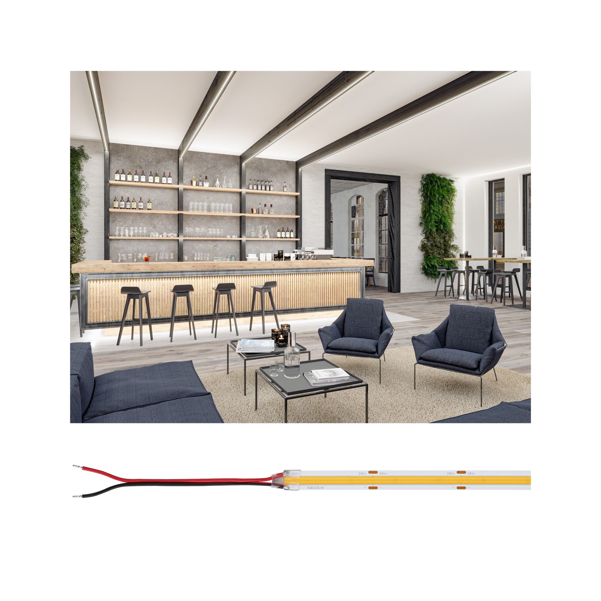 Modernes Barinterieur mit Holztheke, schwarzen Barhockern und LED-Deckenbeleuchtung in Grau und Beige