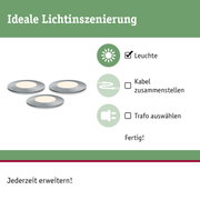Drei runde LED-Einbauleuchten in Edelstahl mit warmweißem Licht für flexible Lichtinszenierung