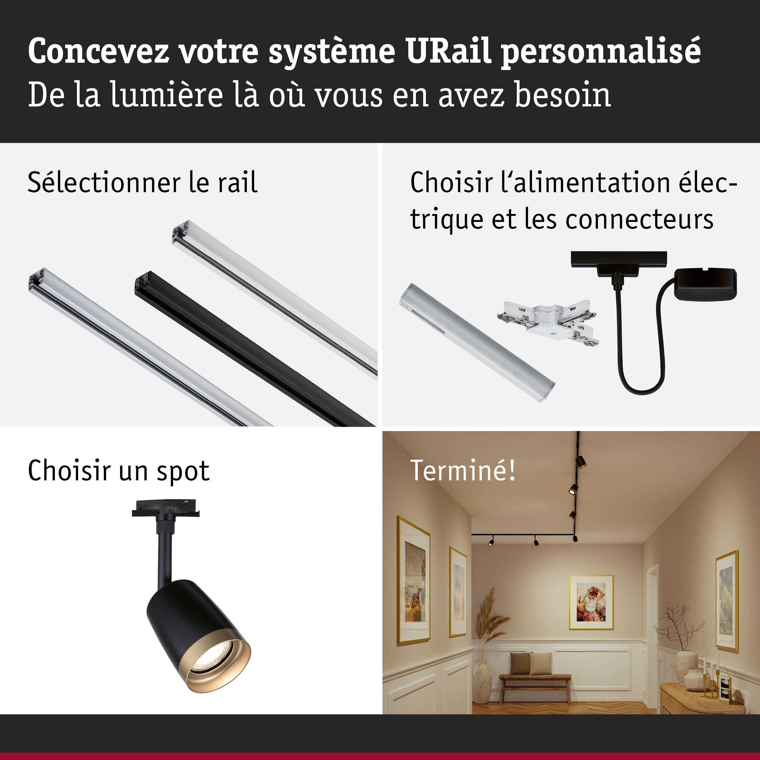 Système de rail URail noir et argent avec spot et connecteurs électriques pour éclairage personnalisable
