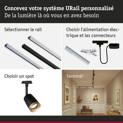 Système de rail URail noir et argent avec spot et connecteurs électriques pour éclairage personnalisable