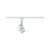 Modern white metal LED spotlight with chrome ring on track system for flexible lighting solutions