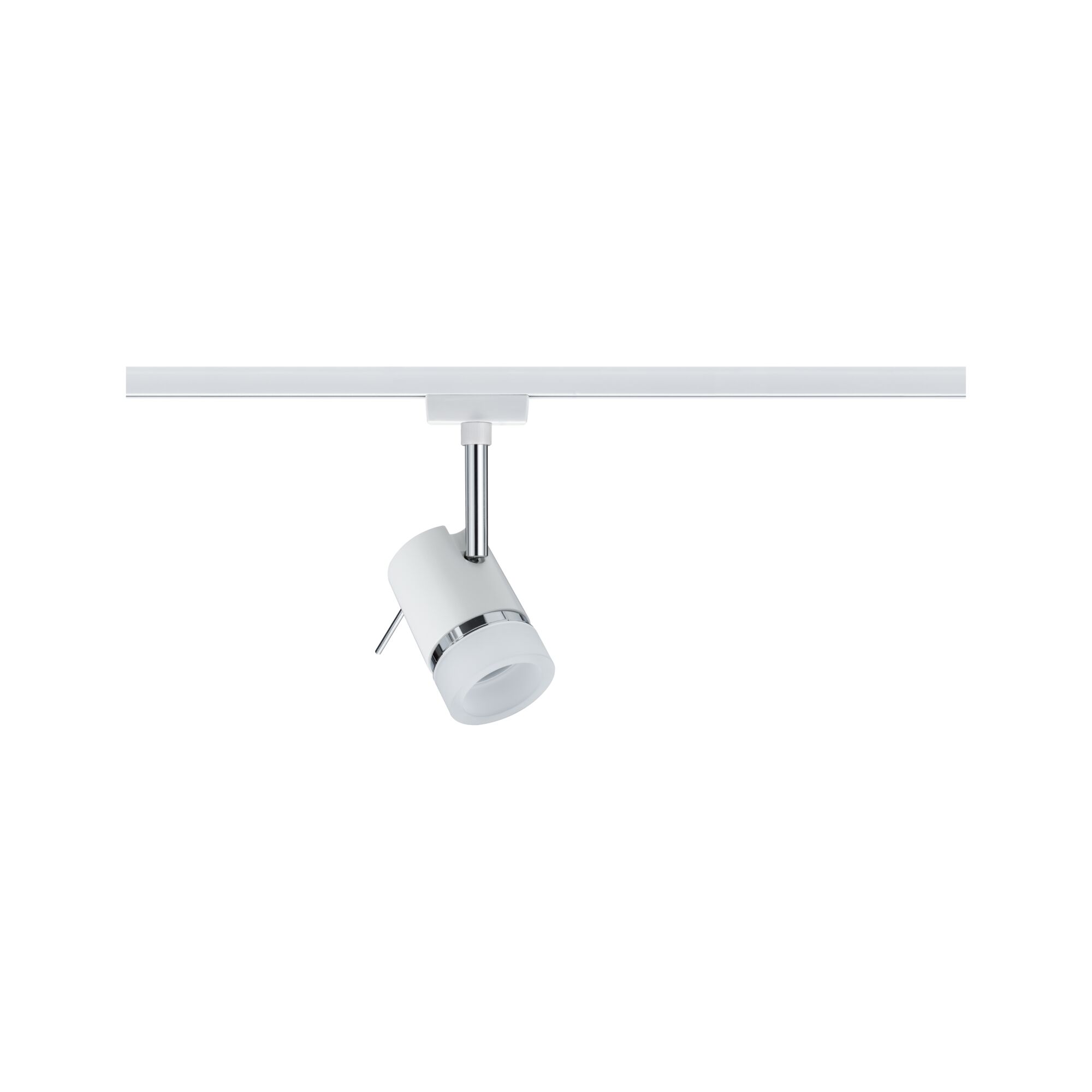 Moderner weißer LED-Strahler aus Metall mit Chromring an Schienensystem für flexible Beleuchtung