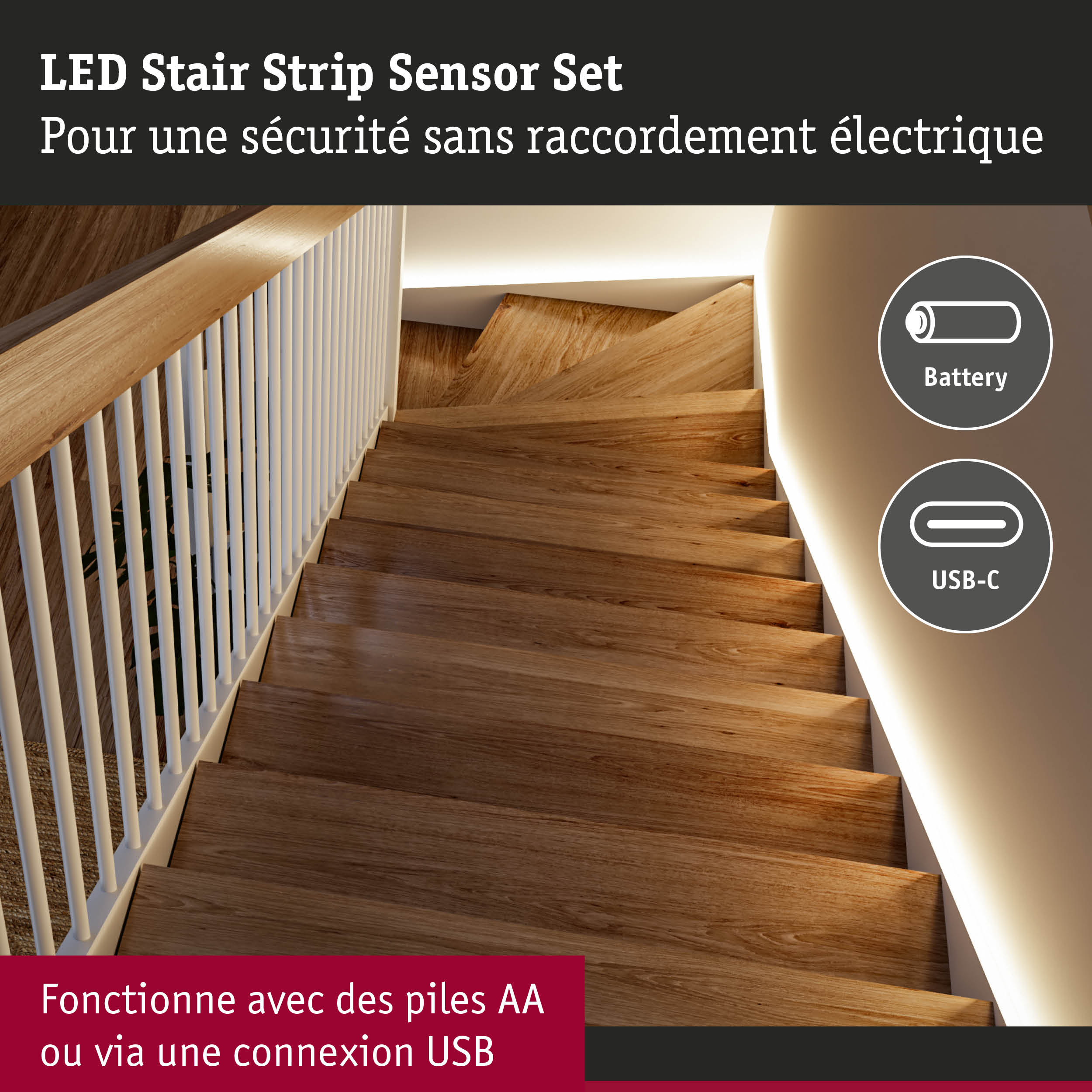 Éclairage LED pour escalier avec capteur en lumière blanche chaude pour escaliers en bois sans électricité