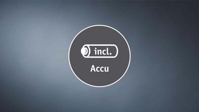 Icon indicating included battery in grey circle on blue background for lighting products.