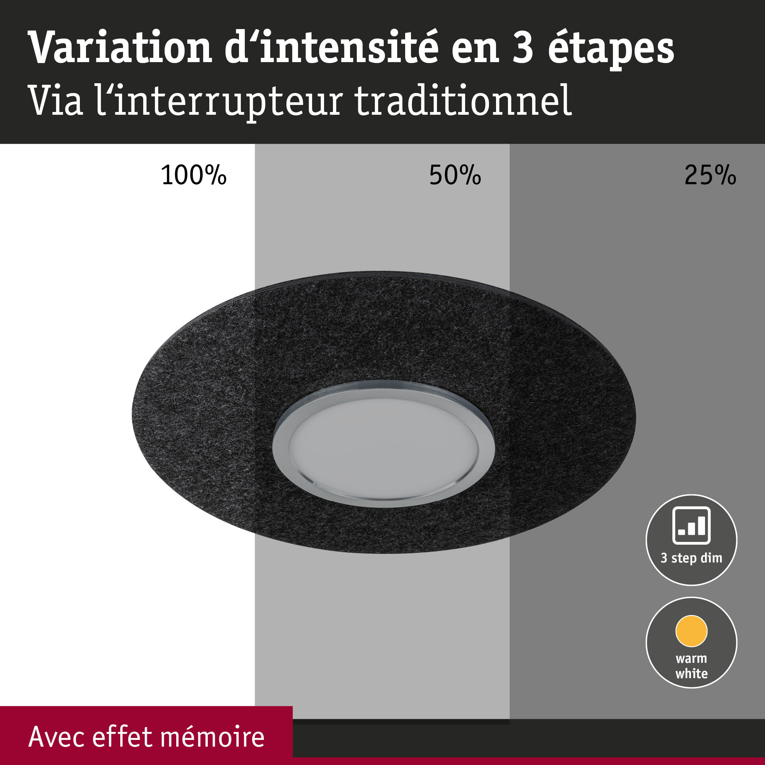 Spot LED encastré noir avec variation d'intensité en 3 étapes et lumière blanc chaud pour intérieur