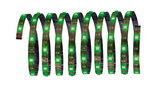 Flexible green LED strip with electronic components for decorative lighting applications.