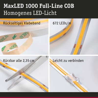 MaxLED 1000 Full-Line COB LED-Streifen mit 672 LEDs/m, selbstklebend, schneidbar und einfach verbindbar