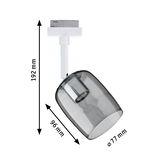 Moderner weißer LED-Spot mit grauem Glas und Maßen 192x96x77 mm für Schienensysteme