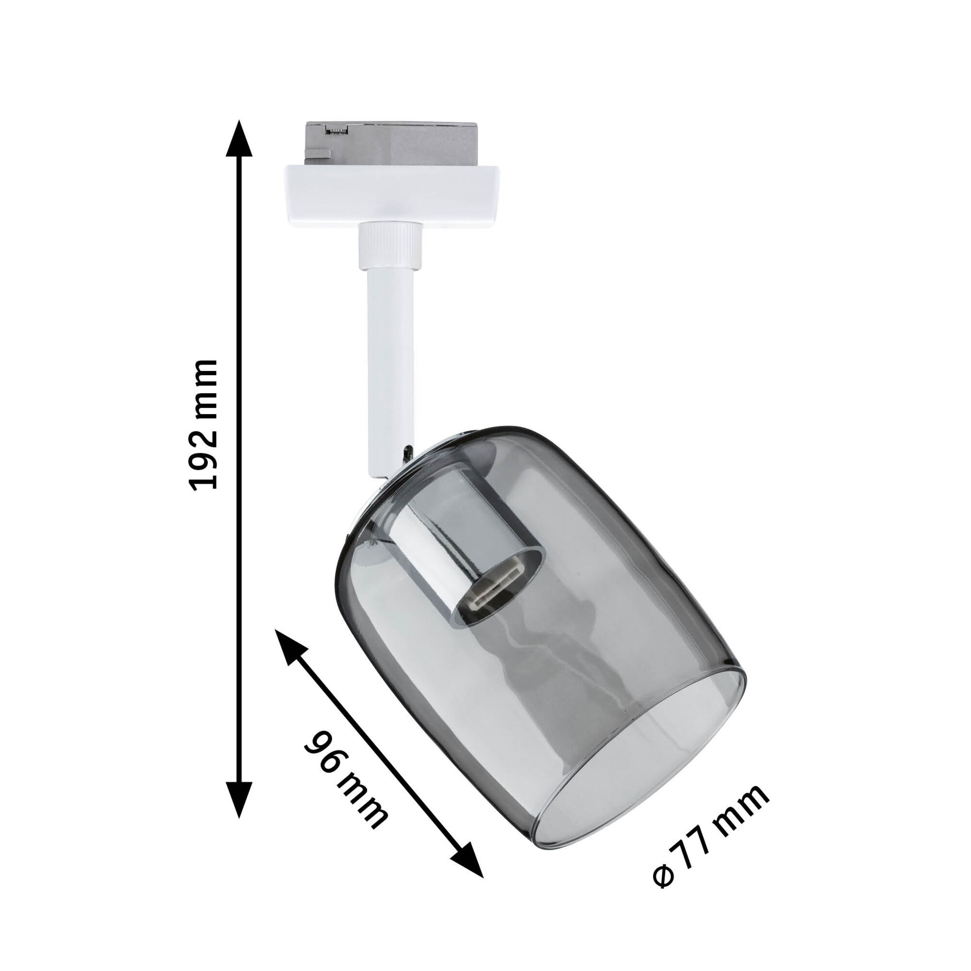 Moderner weißer LED-Spot mit grauem Glas und Maßen 192x96x77 mm für Schienensysteme