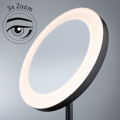 Round cosmetic mirror with LED ring light and 3x zoom in black for precise makeup application.