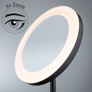 Runder Kosmetikspiegel mit LED-Ringlicht und 3-fach Zoomfunktion in Schwarz für präzises Make-up.