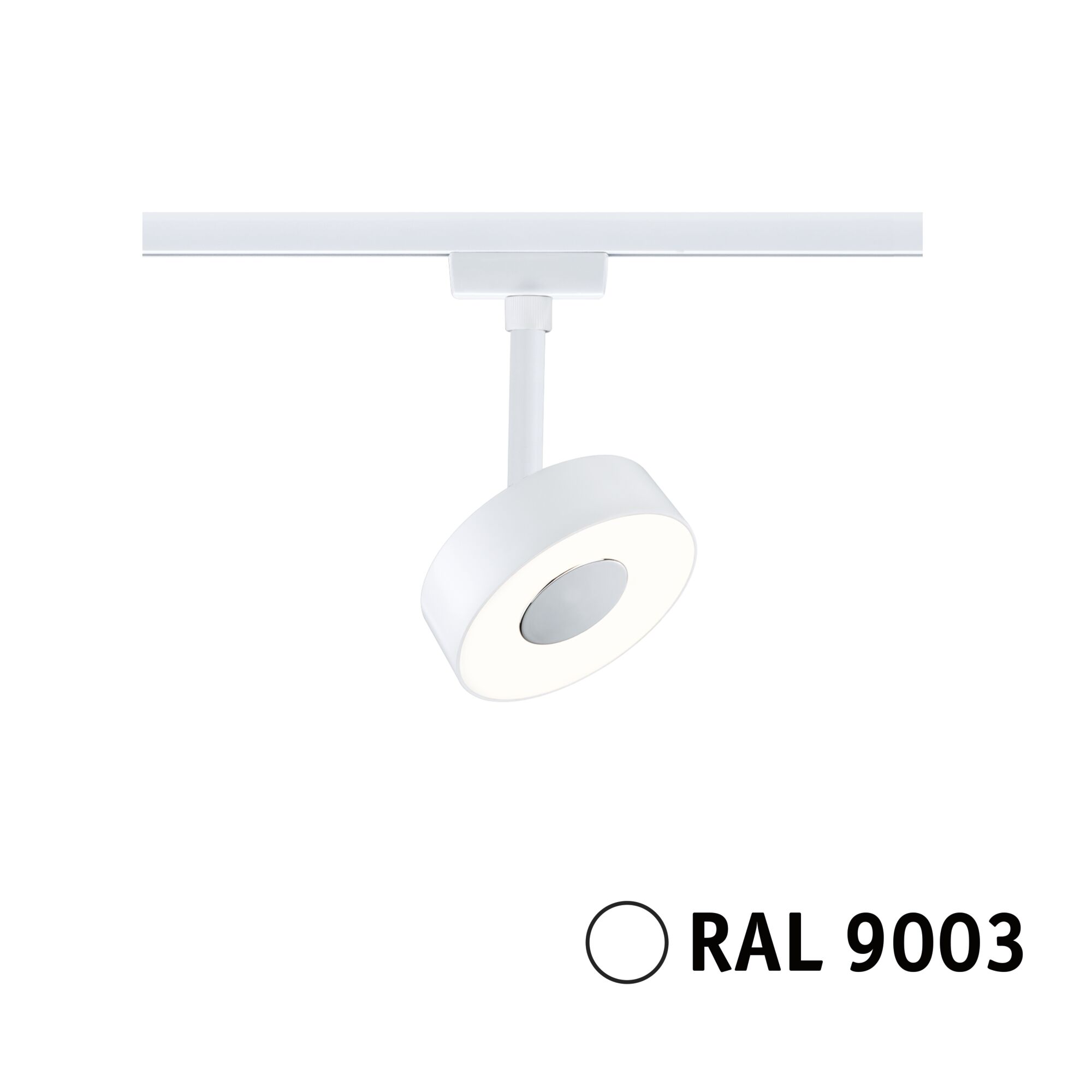 Modern white LED spotlight with round shape in RAL 9003 color for track lighting.
