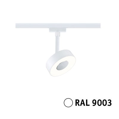 Modern white LED spotlight with round shape in RAL 9003 color for track lighting.