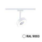 Moderner weißer LED-Spot mit runder Form und RAL 9003 Farbton für Schienensysteme.