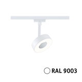 Modern white LED spotlight with round shape in RAL 9003 color for track lighting.
