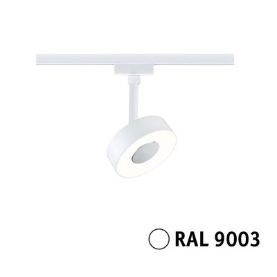 Moderne witte LED-spot met ronde vorm in RAL 9003 kleur voor railsystemen.