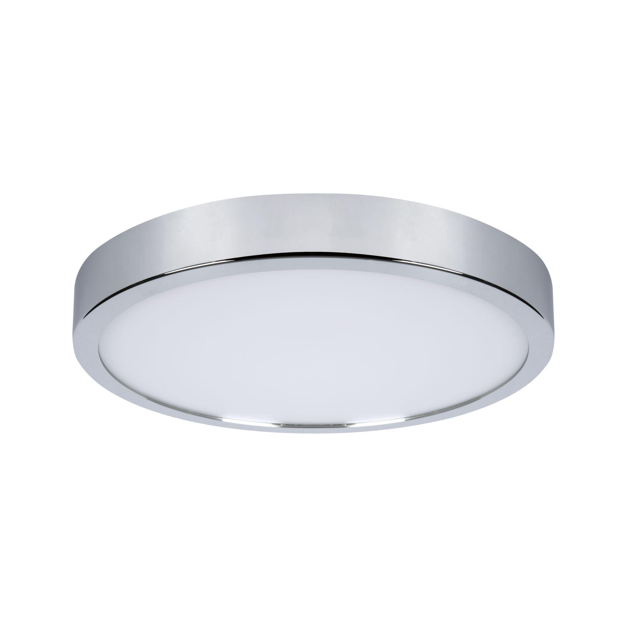 Round ceiling light with chrome frame and white plastic diffuser for modern room lighting