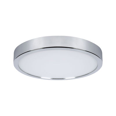 Round chrome ceiling light with white diffuser, modern LED lamp for living spaces