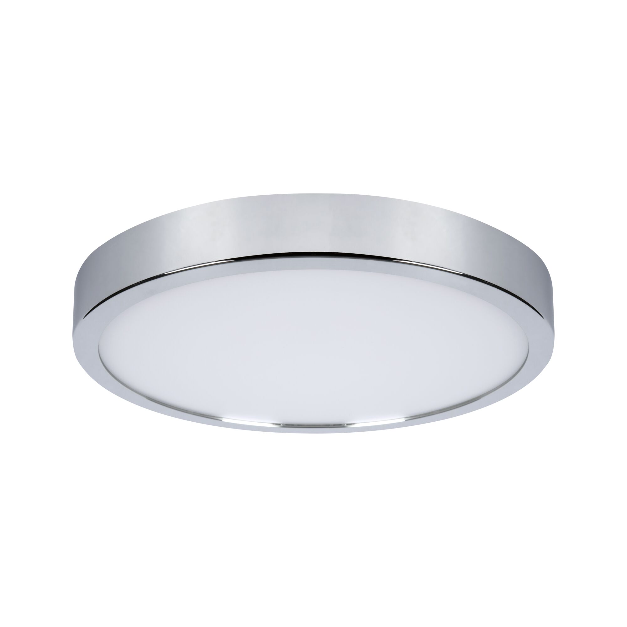 Rund loftlampe i krom med hvid diffusor, moderne LED lampe til opholdsrum