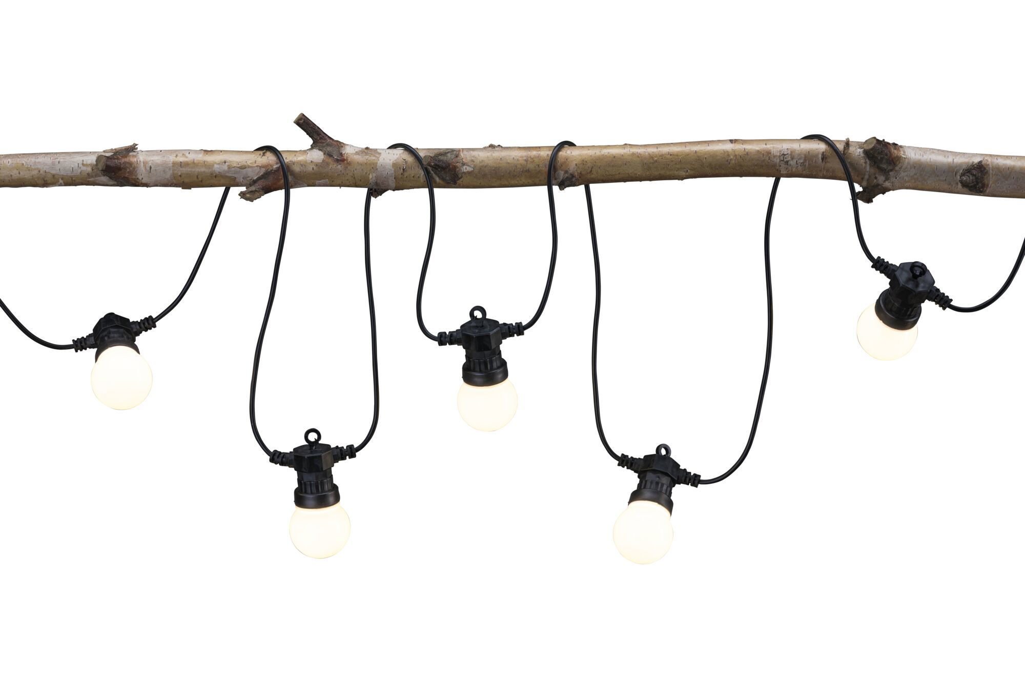 Black LED string lights with five warm white bulbs hanging on natural wood branch for outdoor use.