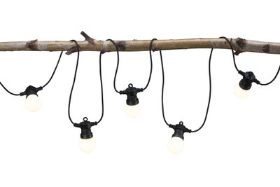 Schwarze LED-Lichterkette mit fünf warmweißen Glühbirnen an natürlichem Holzast für Außenbereich.
