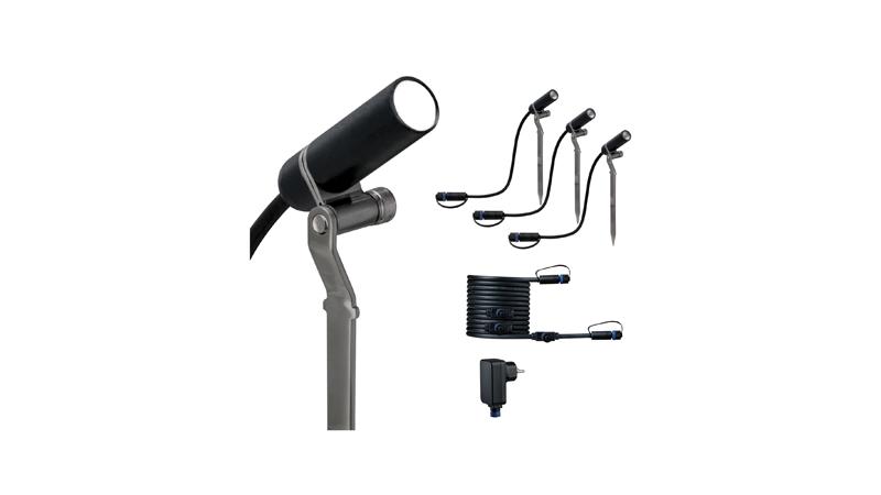 Lumière LED noire à piquer pour extérieur avec câble et adaptateur pour éclairage de jardin.