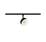 Zwarte metalen LED-spot op railsysteem met warm wit licht voor moderne binnenverlichting