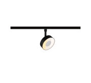 Black metal LED spotlight on track system with warm white light for modern interior lighting