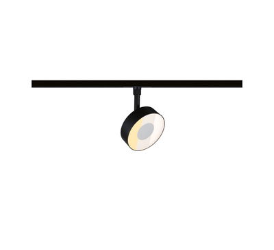 Zwarte metalen LED-spot op railsysteem met warm wit licht voor moderne binnenverlichting