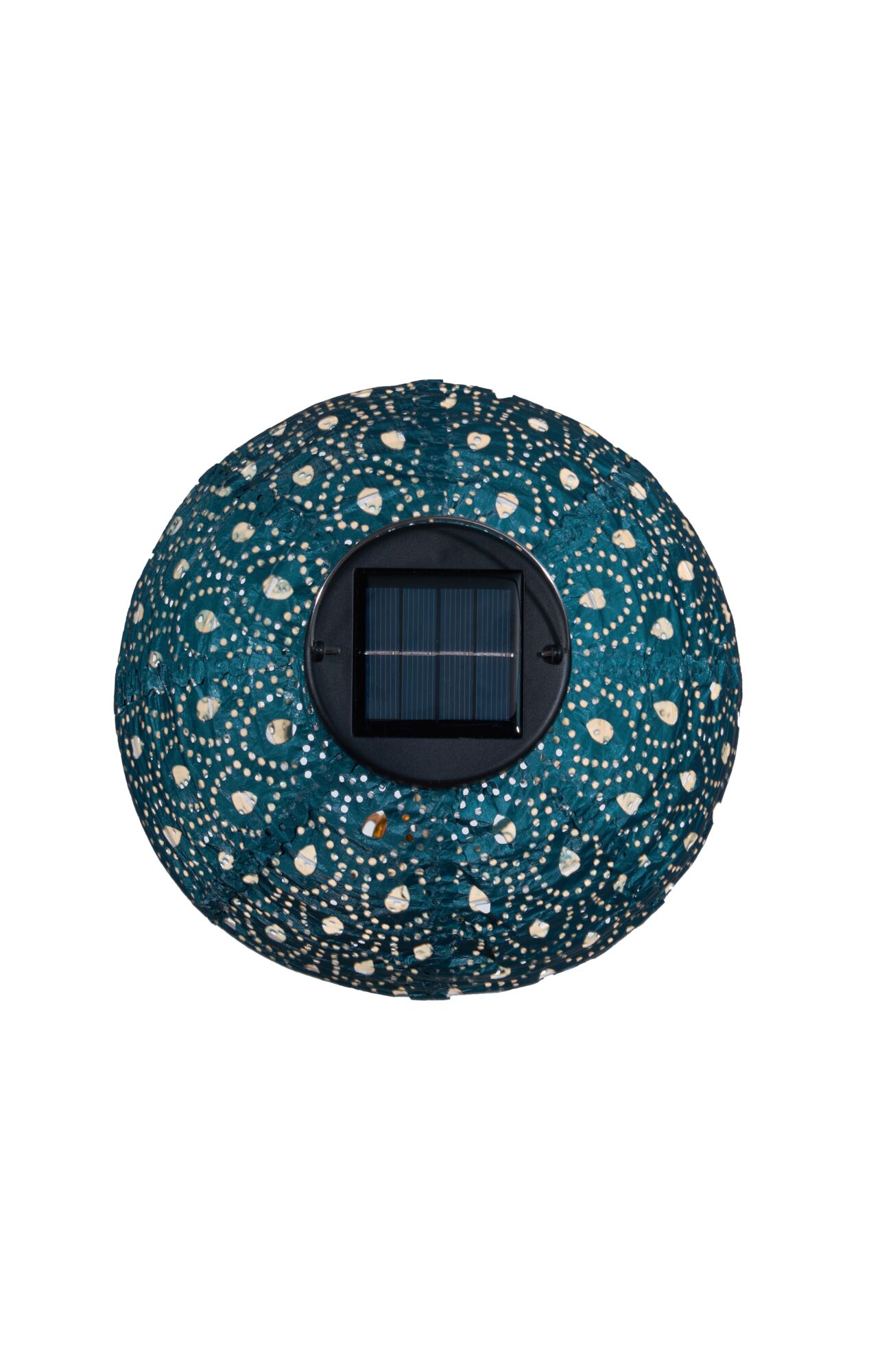 Round solar light with blue metal housing and decorative perforated design for outdoor lighting