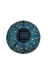 Round solar light with blue metal housing and decorative perforated design for outdoor lighting