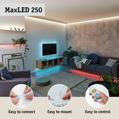 MaxLED 250 LED strip in living room with easy mounting, connection, and remote control for ambient lighting