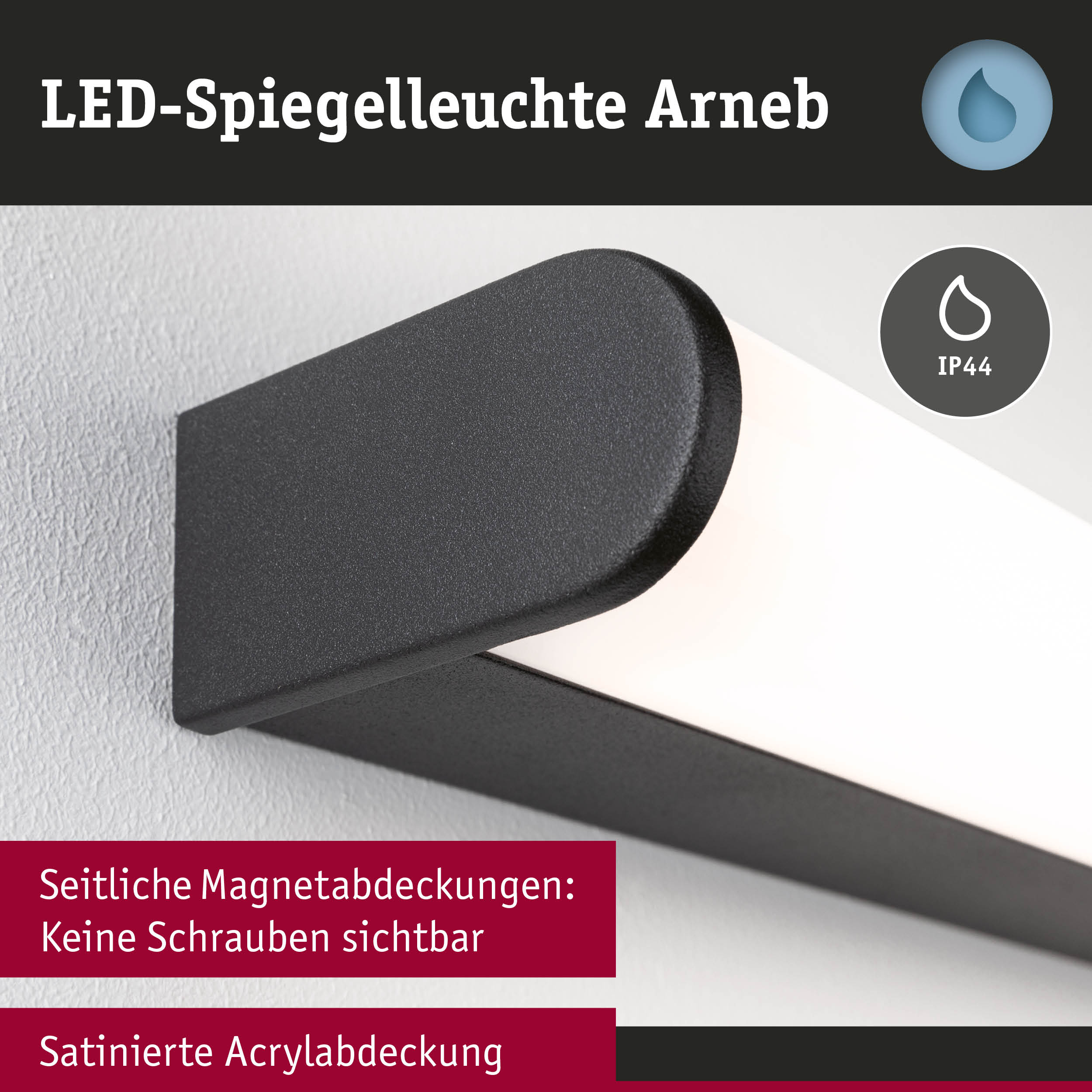LED-Spiegelleuchte Arneb in Schwarz mit satinierter Acrylabdeckung und IP44 Schutz für Badezimmer