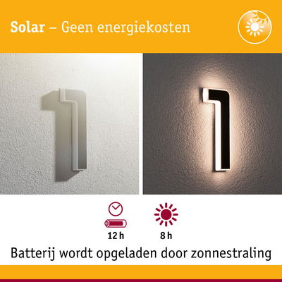 Zonne-energie wandlamp in de vorm van nummer 1 wit, energiezuinige LED-verlichting buiten