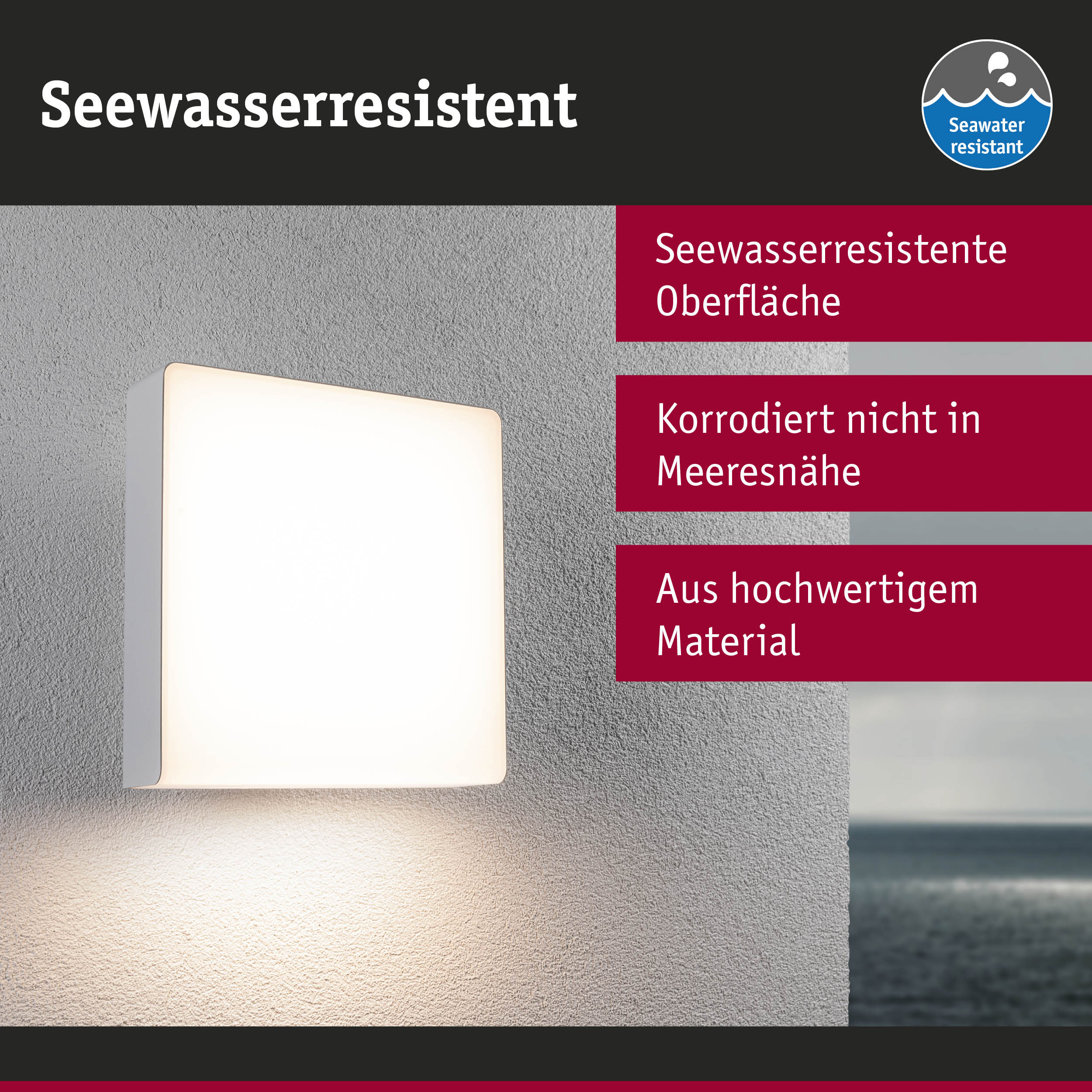 Seewasserresistente Wandlampe mit weißem Kunststoffgehäuse und energiesparender LED-Beleuchtung
