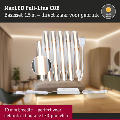 MaxLED Full-Line COB LED-strip 1,5 m warmwit met voeding, perfect voor smalle LED-profielen