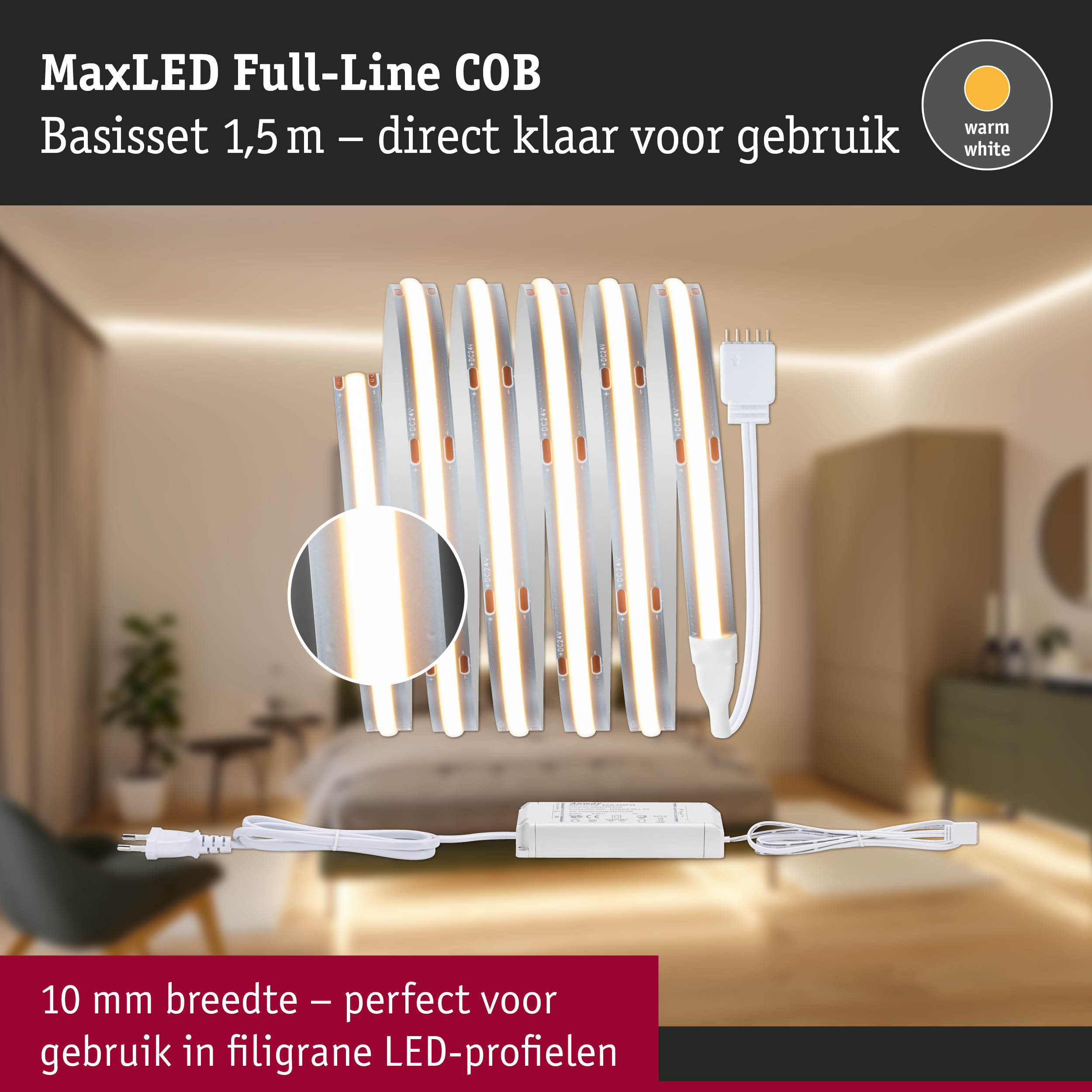 MaxLED Full-Line COB LED-strip 1,5 m warmwit licht met voeding voor fijne LED-profielen