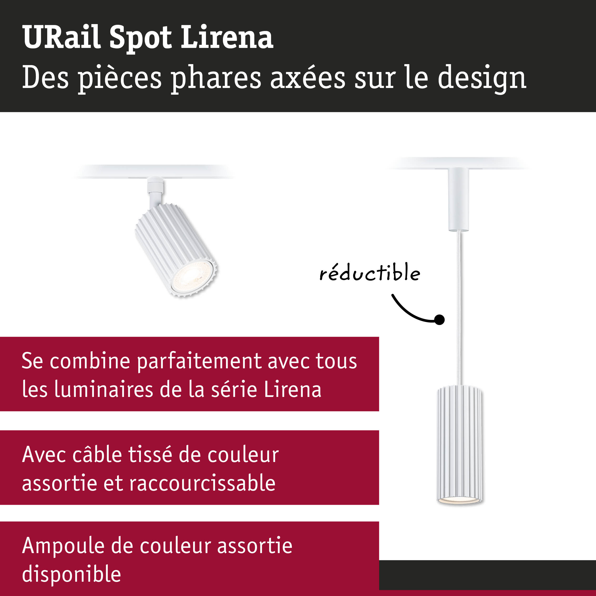 Spot URail Lirena blanc en métal avec design cannelé et tête réglable pour éclairage moderne