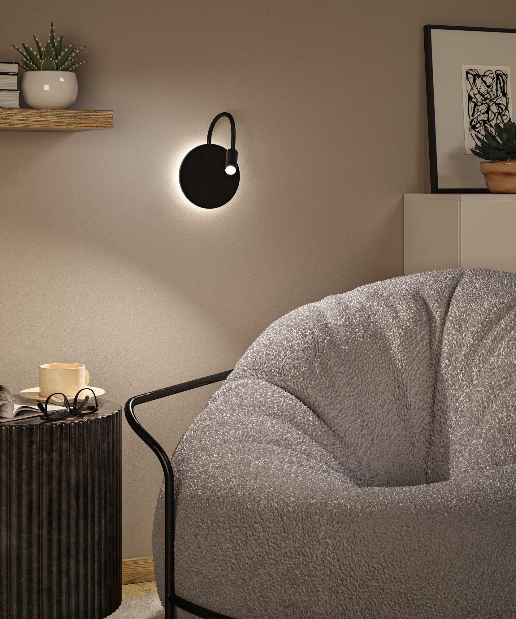 Black LED wall light with flexible reading arm on beige living room wall background