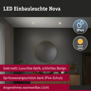 LED Einbauleuchte Nova in matt Gold mit warmweißem Licht und IP44 Spritzwasserschutz für Badezimmer