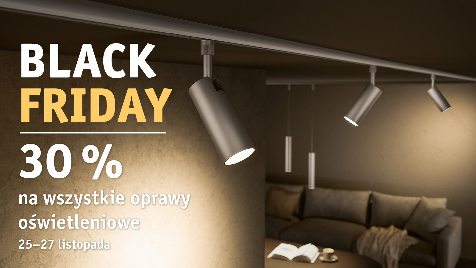 Nowoczesne srebrne reflektory LED na szynie oświetlają przytulny salon z sofą i stolikiem na promocję Black Friday