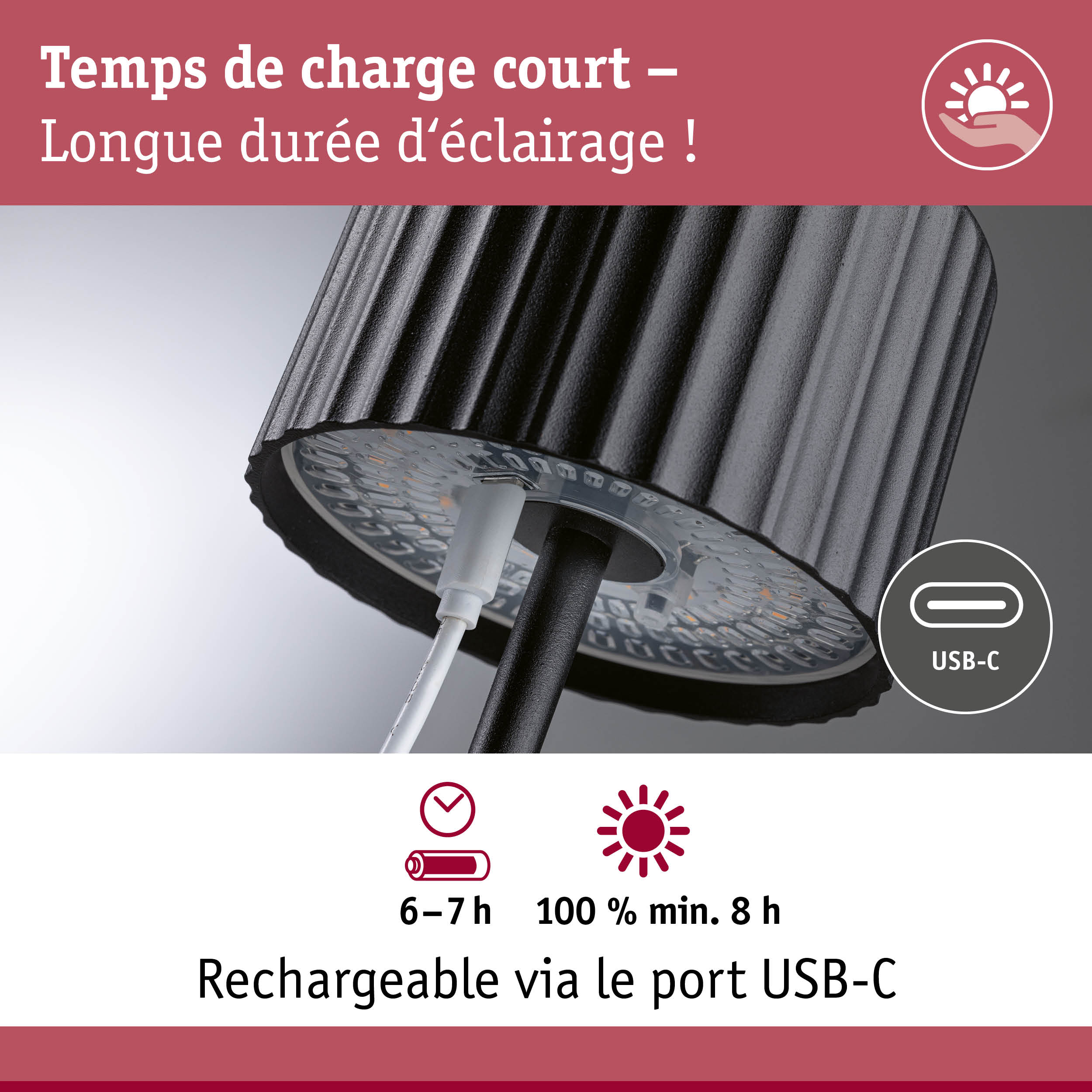 Lampe LED noire avec port USB-C pour une charge rapide et une longue durée d'éclairage
