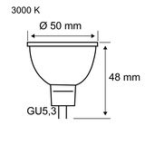 Technical drawing of GU5.3 LED bulb with 50 mm diameter, 48 mm height, and 3000 K warm light color.