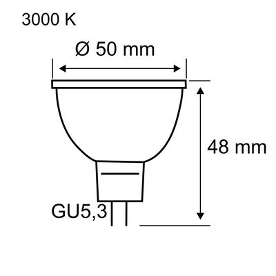 Technical drawing of GU5.3 LED bulb with 50 mm diameter, 48 mm height, and 3000 K warm light color.