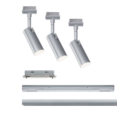 Trois spots LED argentés avec adaptateur rail et deux profils de rail en aluminium pour éclairage moderne